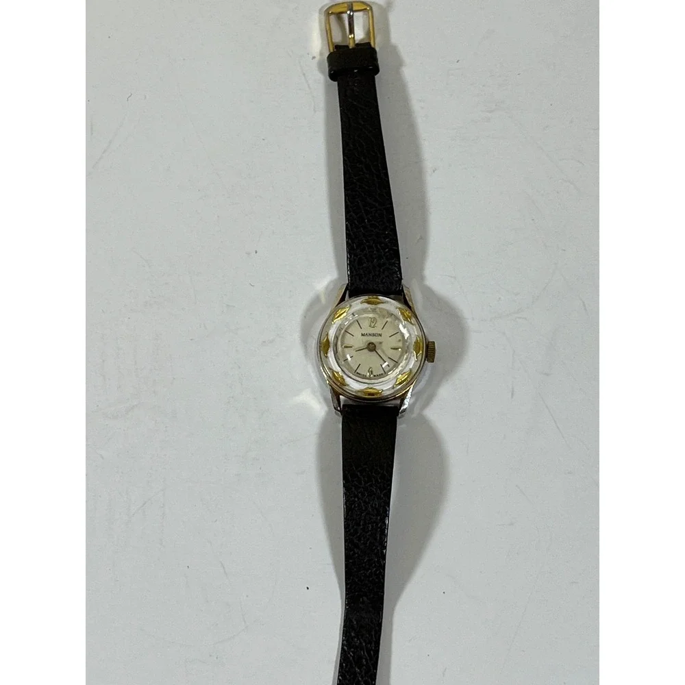 Vintage Manson Swiss Made Ladies Watch Gold Tone Round Bezel Brown Leather Strap